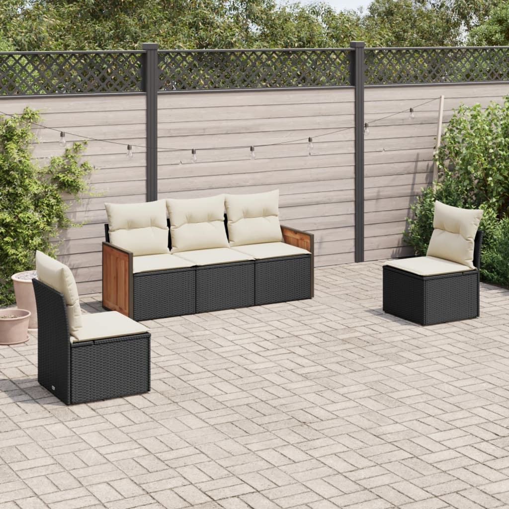 5 Piece Garden Sofa Set with Cushions Black Poly Rattan