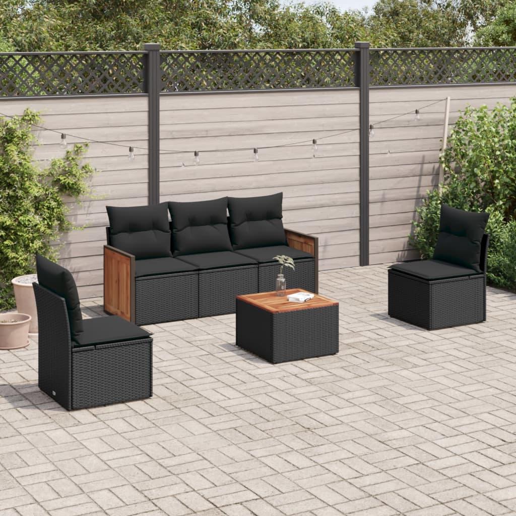 6 Piece Garden Sofa Set with Cushions Black Poly Rattan