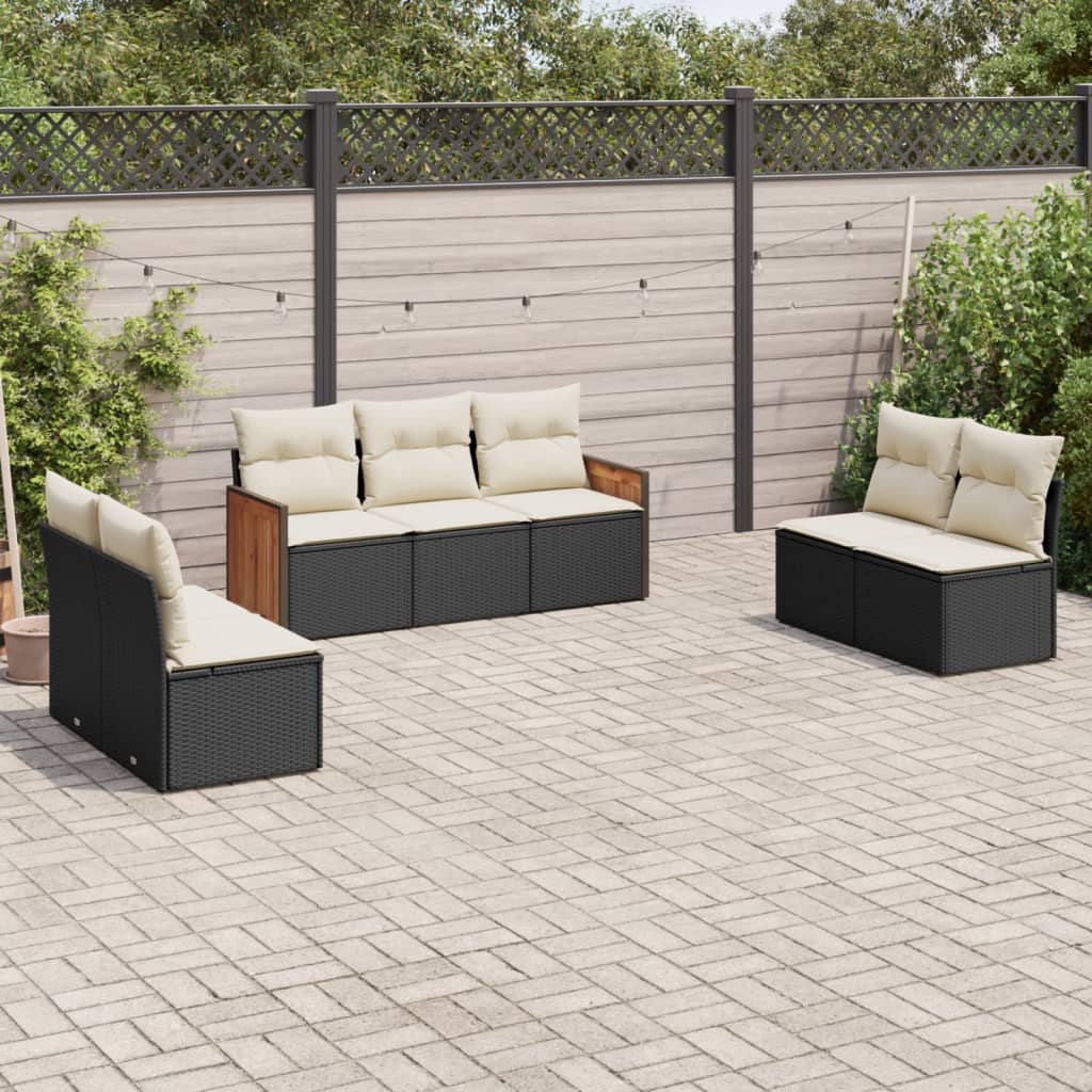 7 Piece Garden Sofa Set with Cushions Black Poly Rattan