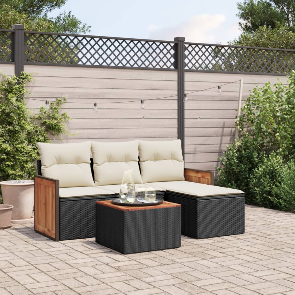 5 Piece Garden Sofa Set with Cushions Black Poly Rattan