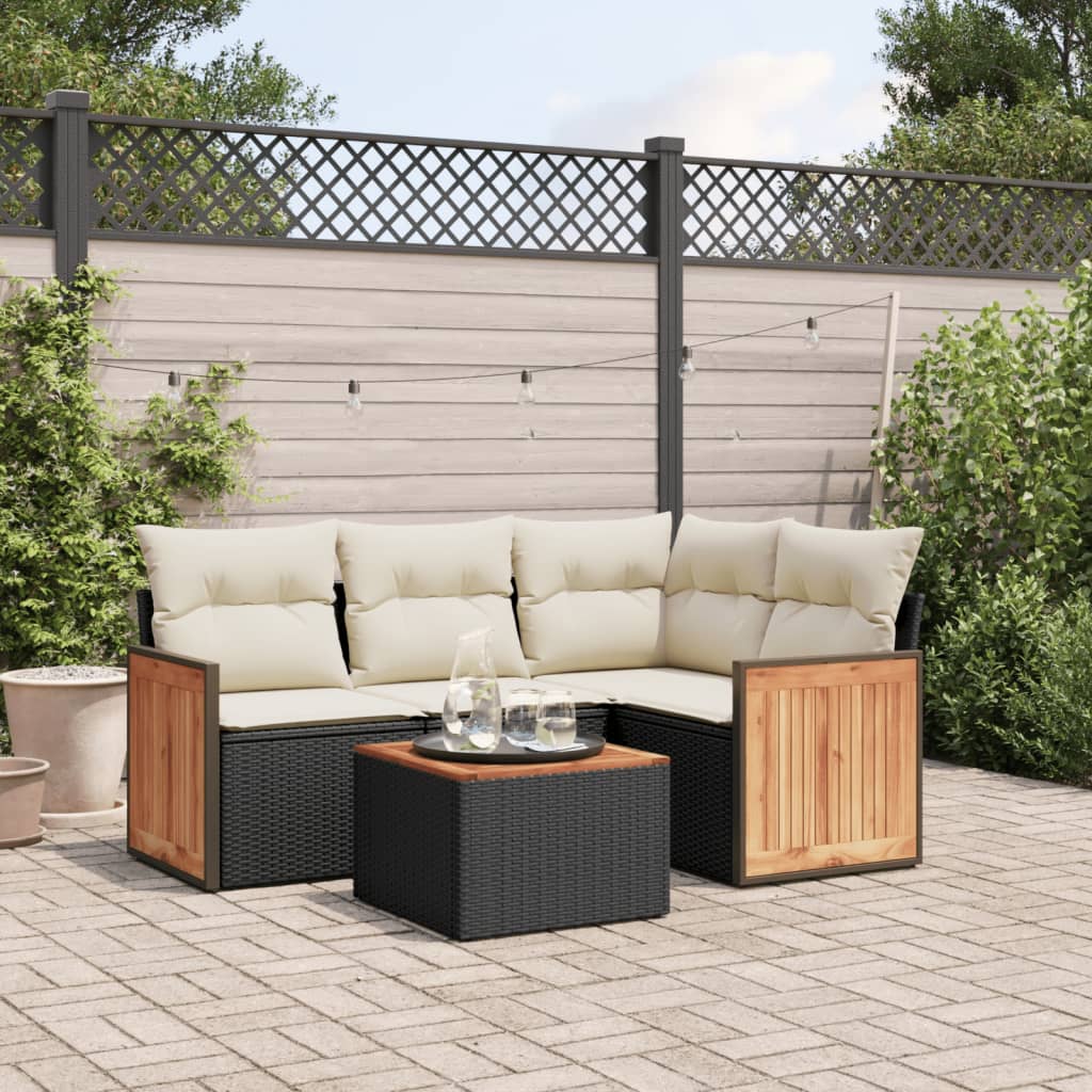 5 Piece Garden Sofa Set with Cushions Black Poly Rattan