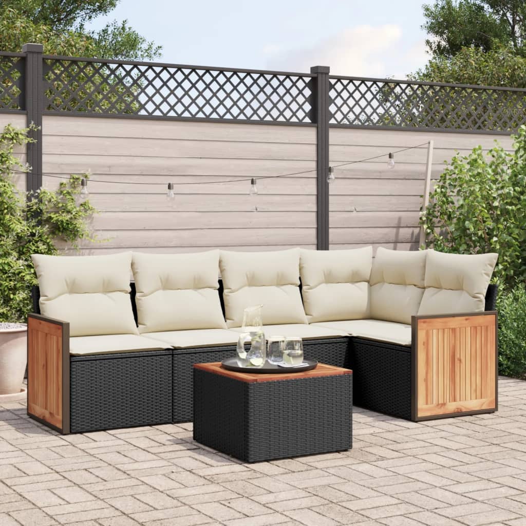 6 Piece Garden Sofa Set with Cushions Black Poly Rattan