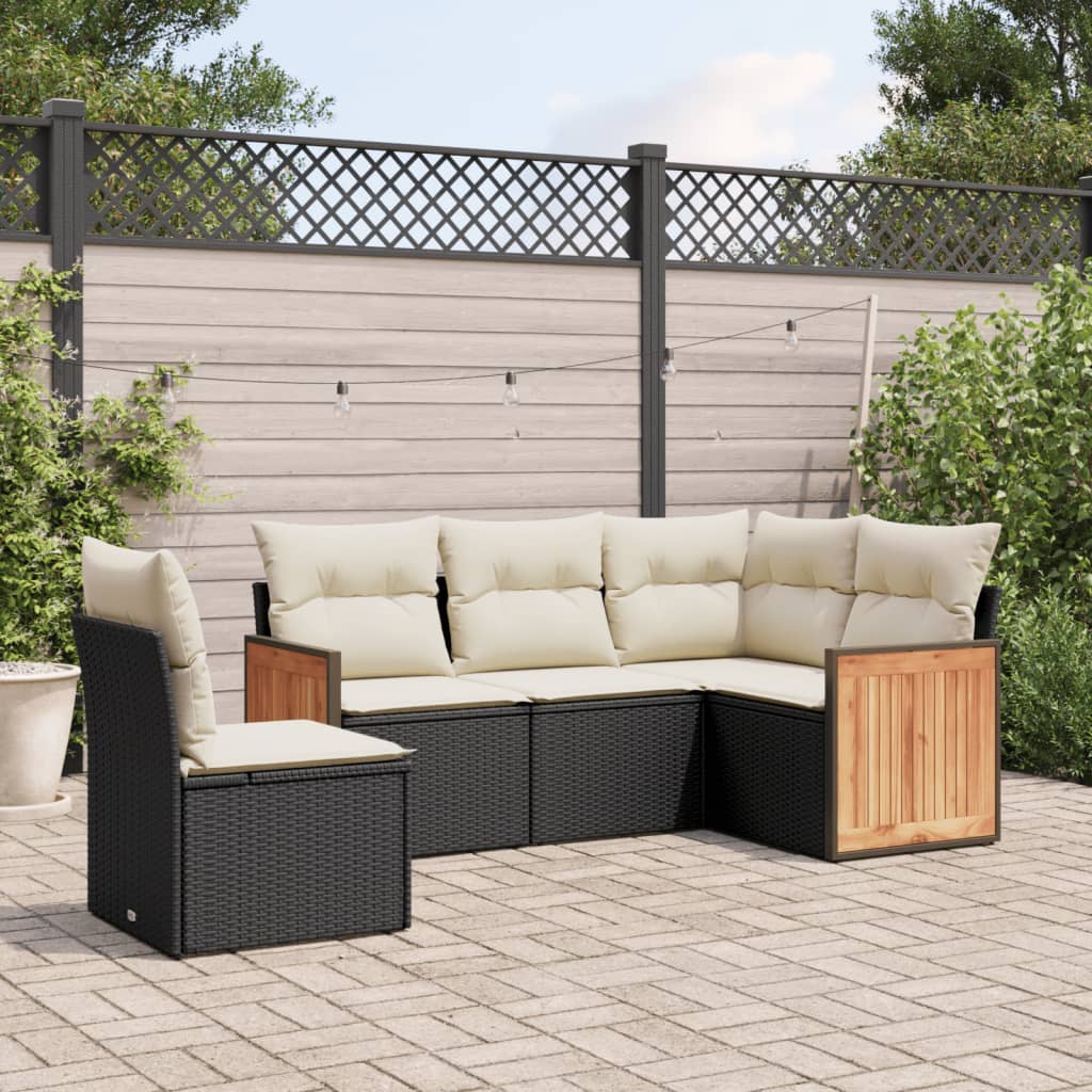 5 Piece Garden Sofa Set with Cushions Black Poly Rattan