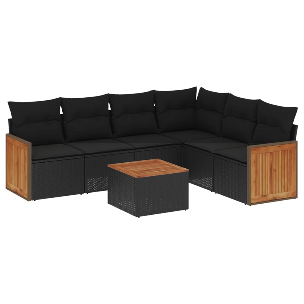 7 Piece Garden Sofa Set with Cushions Black Poly Rattan