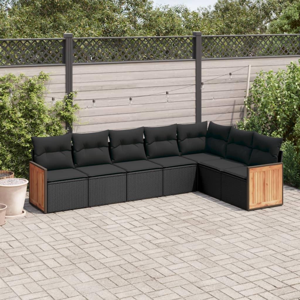 7 Piece Garden Sofa Set with Cushions Black Poly Rattan