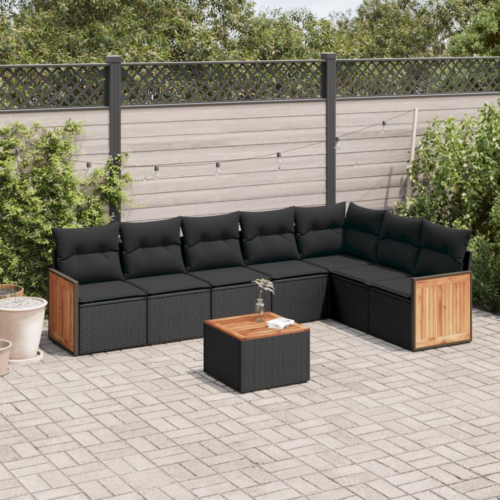 8 Piece Garden Sofa Set with Cushions Black Poly Rattan