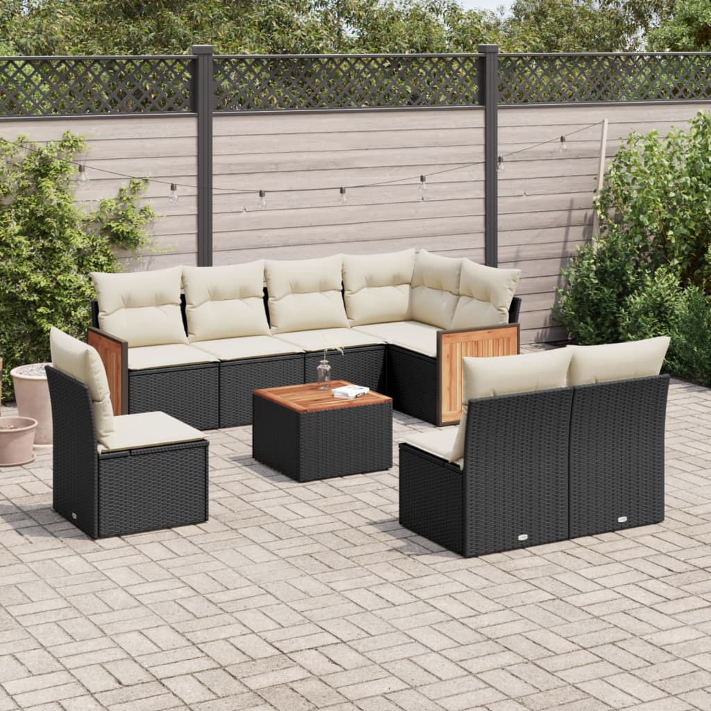 9 Piece Garden Sofa Set with Cushions Black Poly Rattan