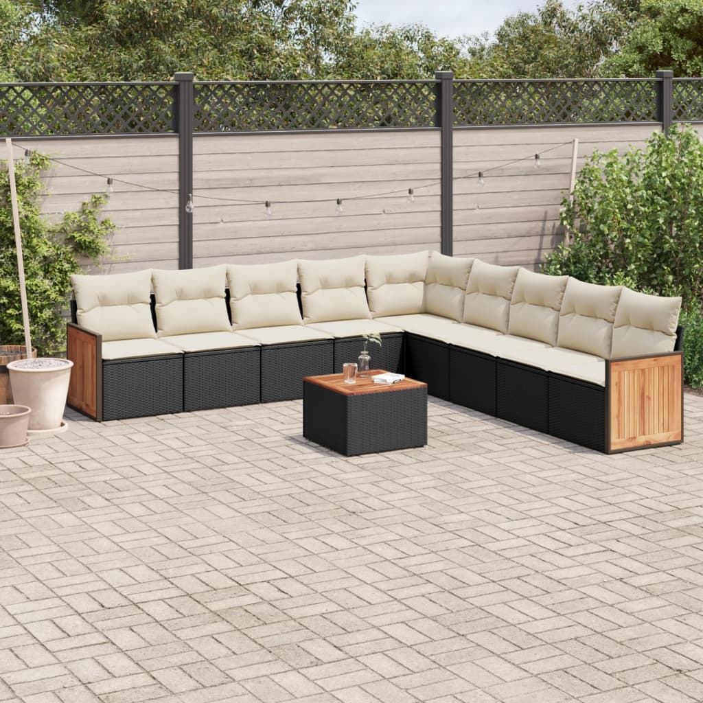 10 Piece Garden Sofa Set with Cushions Black Poly Rattan