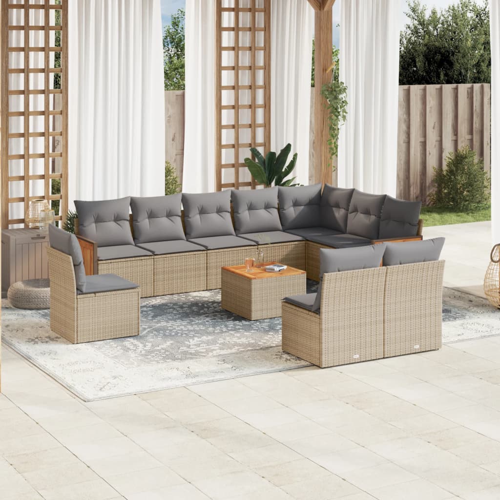 11 Piece Garden Sofa Set with Cushions Beige Poly Rattan