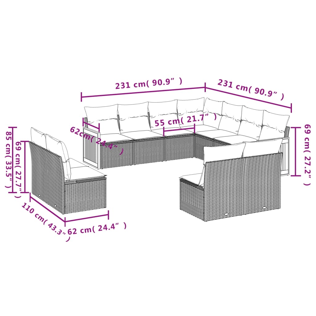 11 Piece Garden Sofa Set with Cushions Beige Poly Rattan