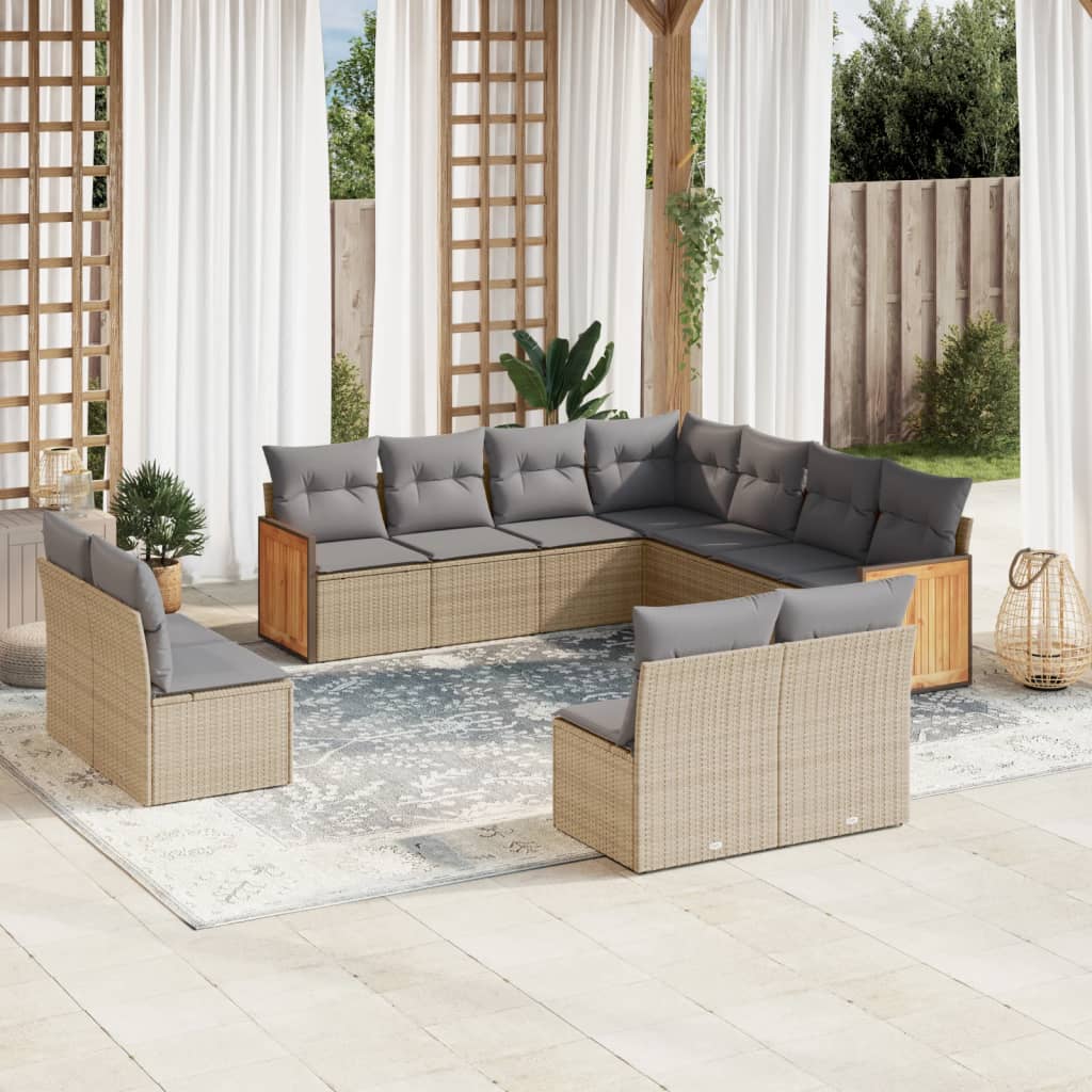 11 Piece Garden Sofa Set with Cushions Beige Poly Rattan