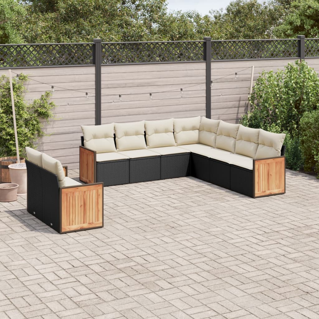 9 Piece Garden Sofa Set with Cushions Black Poly Rattan