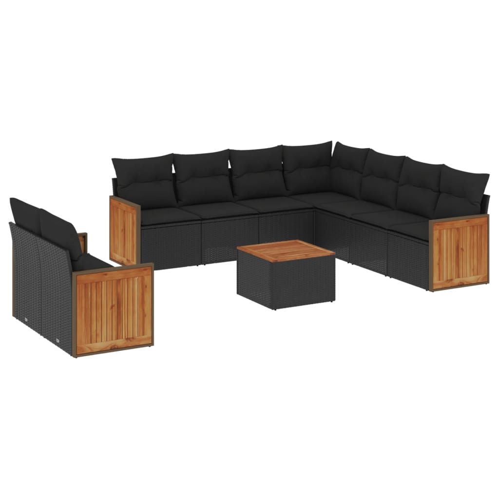 10 Piece Garden Sofa Set with Cushions Black Poly Rattan