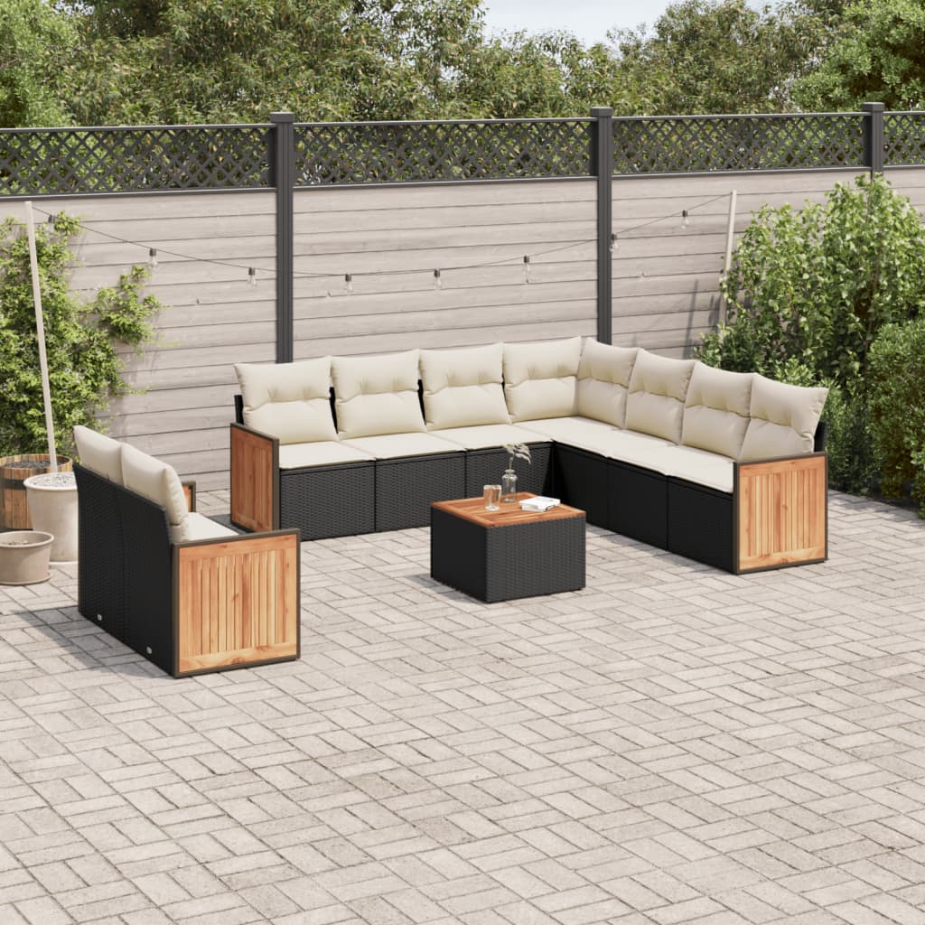 10 Piece Garden Sofa Set with Cushions Black Poly Rattan