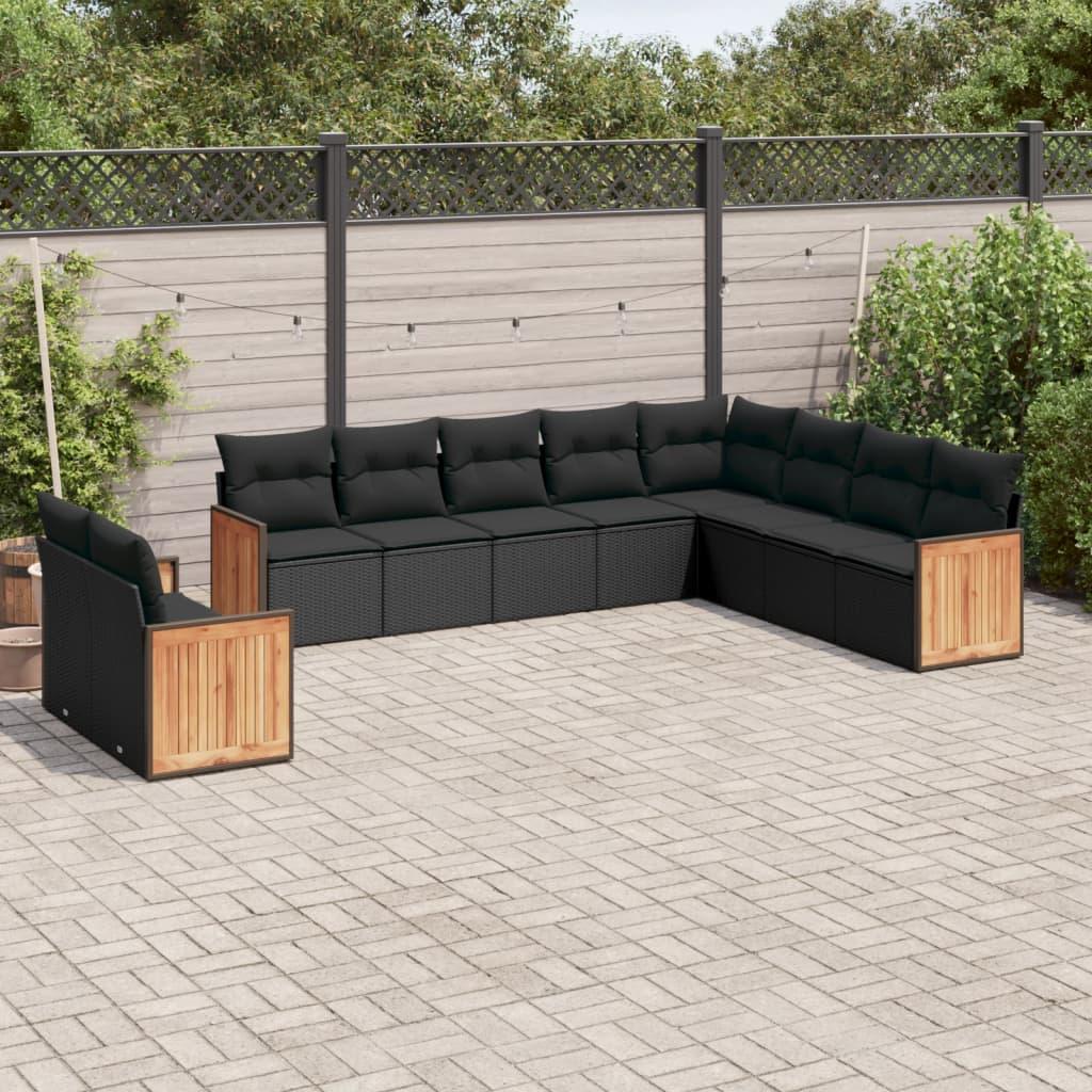 10 Piece Garden Sofa Set with Cushions Black Poly Rattan