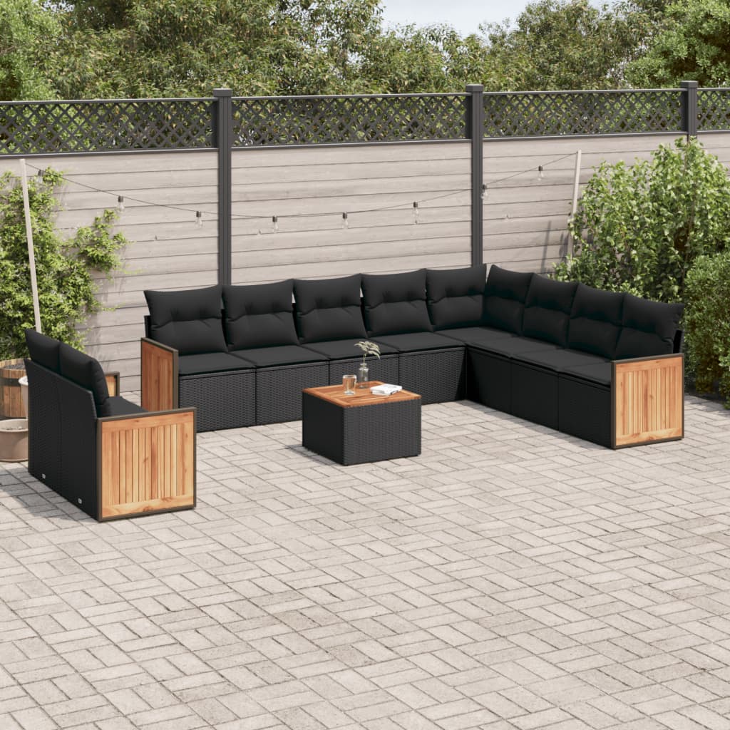 11 Piece Garden Sofa Set with Cushions Black Poly Rattan