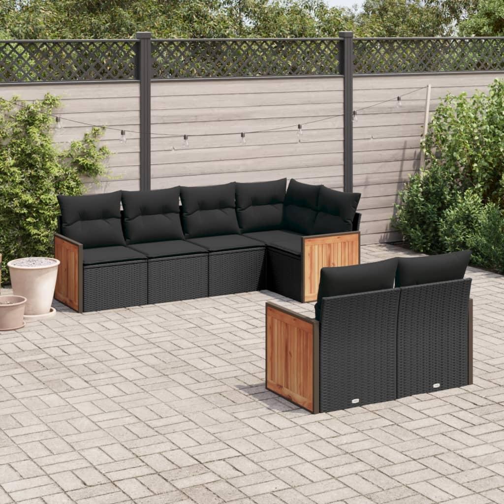 7 Piece Garden Sofa Set with Cushions Black Poly Rattan