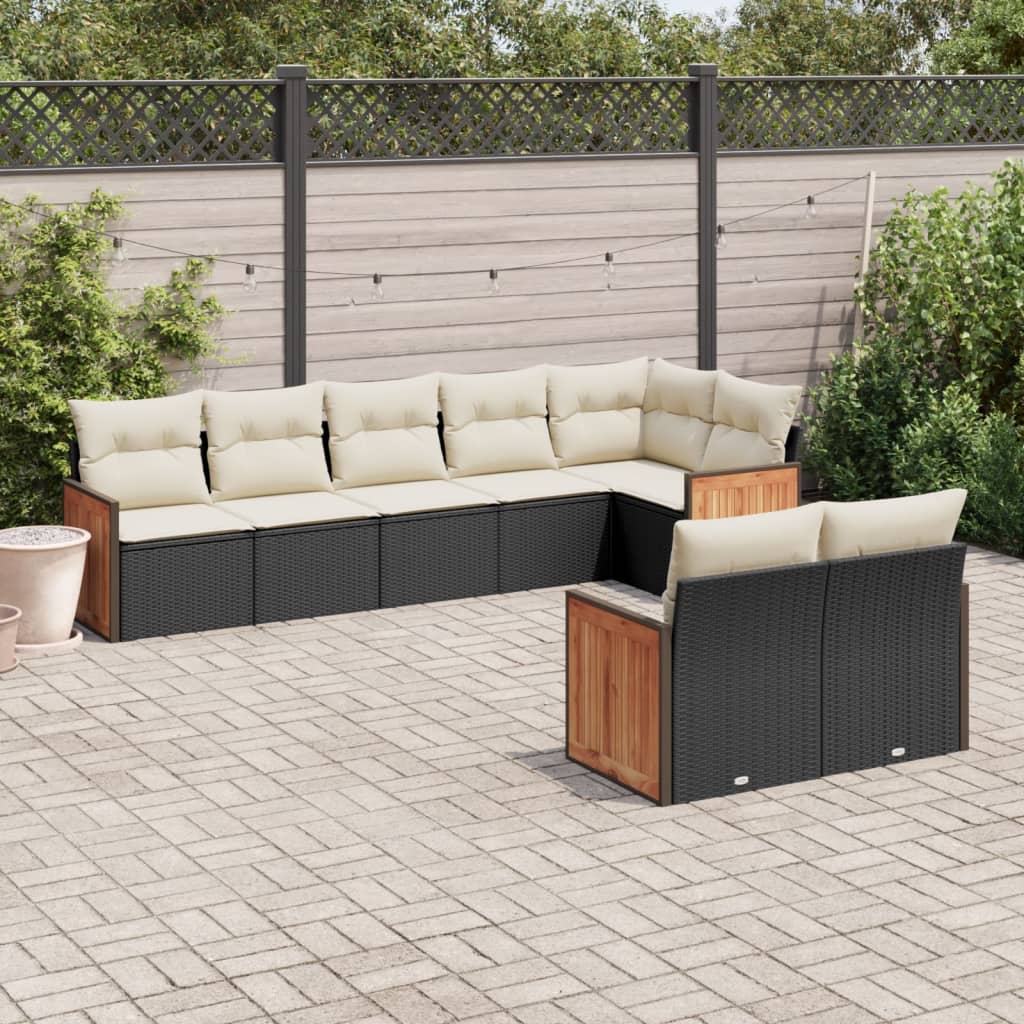 8 Piece Garden Sofa Set with Cushions Black Poly Rattan