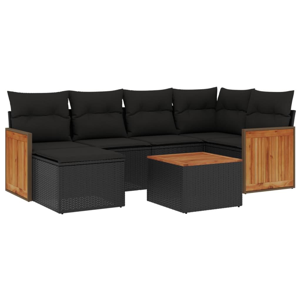 7 Piece Garden Sofa Set with Cushions Black Poly Rattan