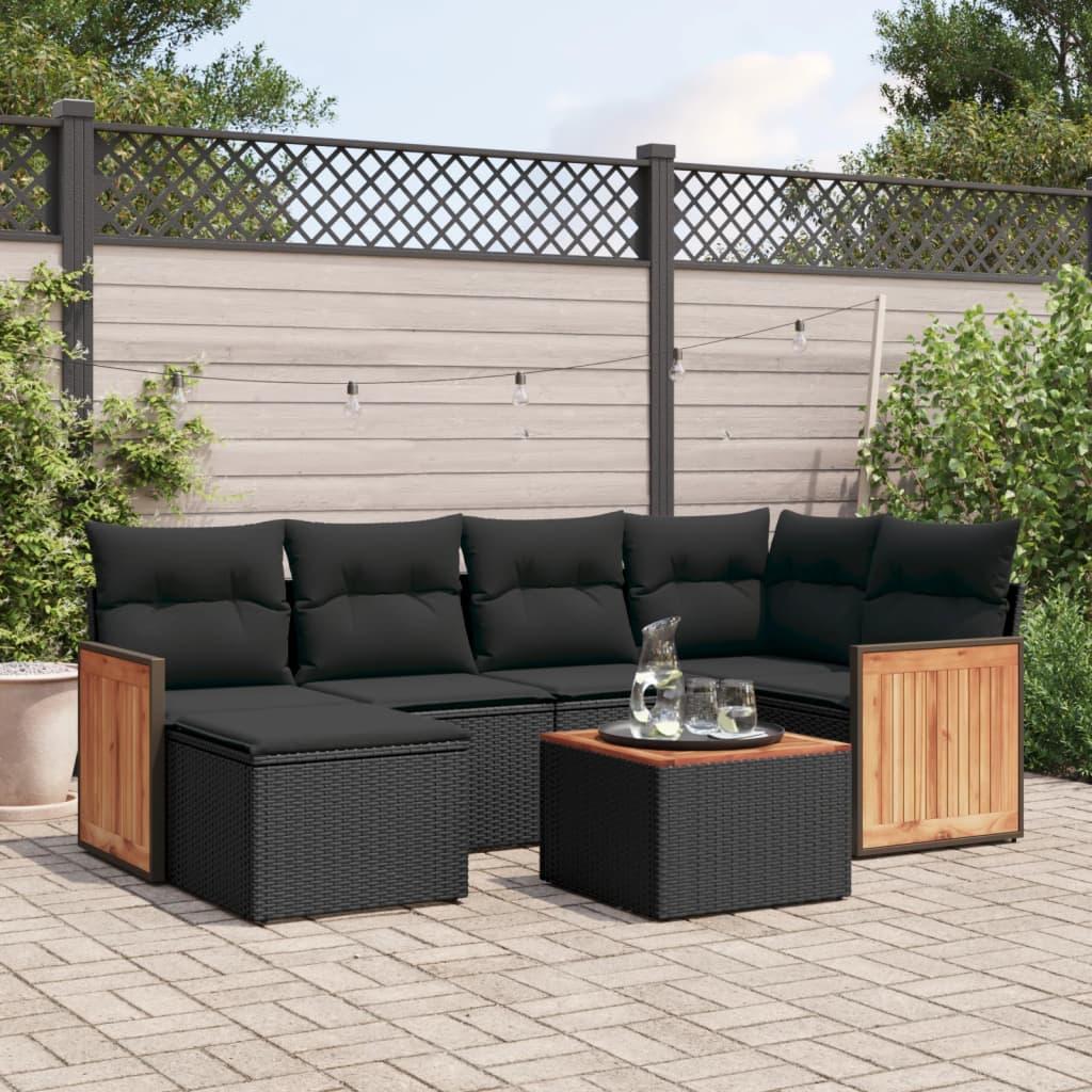 7 Piece Garden Sofa Set with Cushions Black Poly Rattan