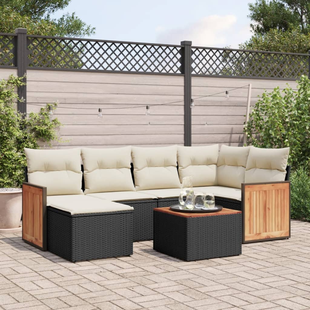 7 Piece Garden Sofa Set with Cushions Black Poly Rattan