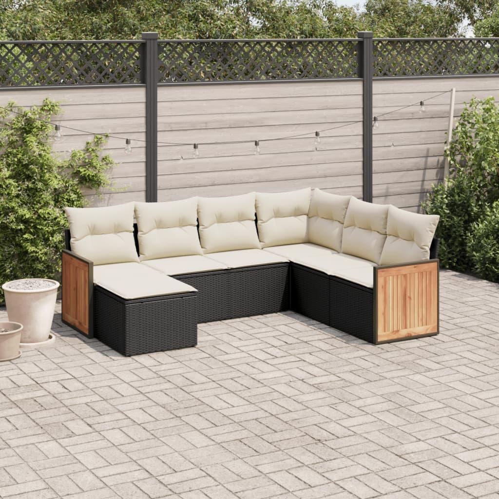 7 Piece Garden Sofa Set with Cushions Black Poly Rattan