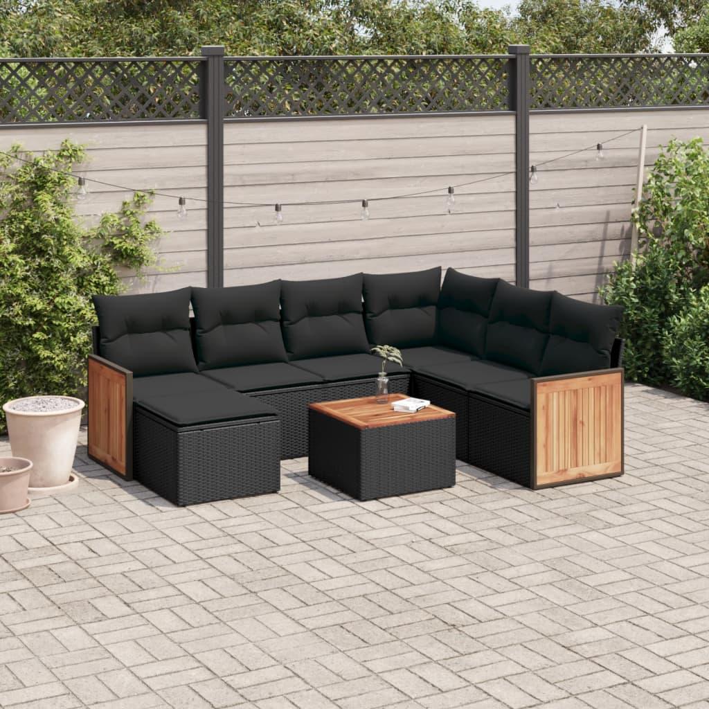 8 Piece Garden Sofa Set with Cushions Black Poly Rattan