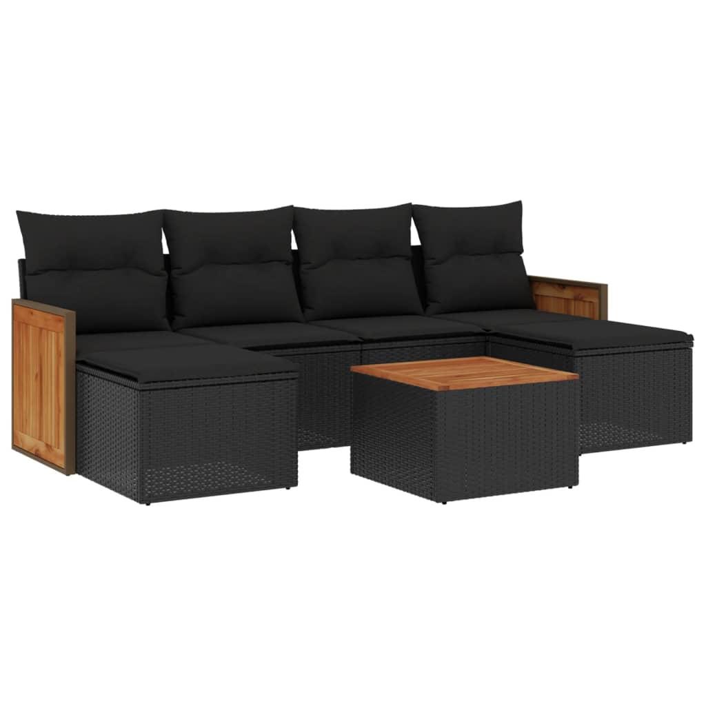 7 Piece Garden Sofa Set with Cushions Black Poly Rattan