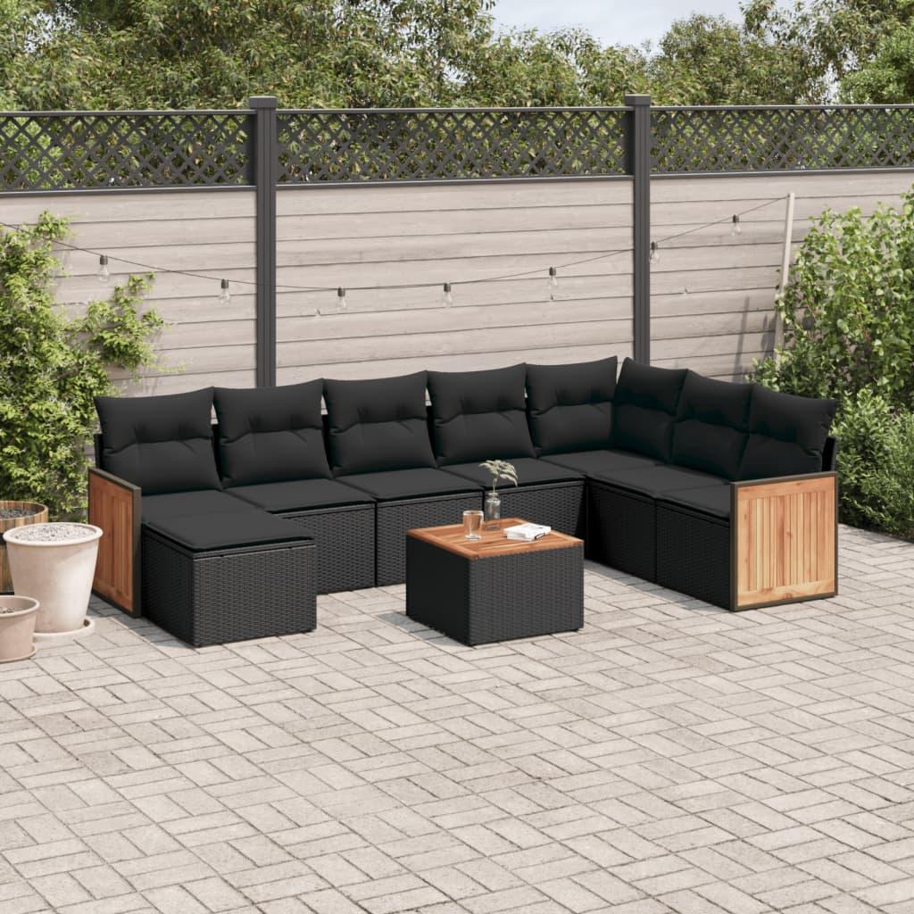 9 Piece Garden Sofa Set with Cushions Black poly ratta