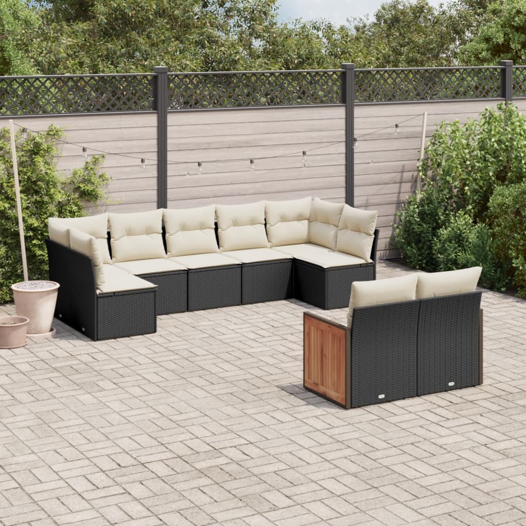 9 Piece Garden Sofa Set with Cushions Black Poly Rattan