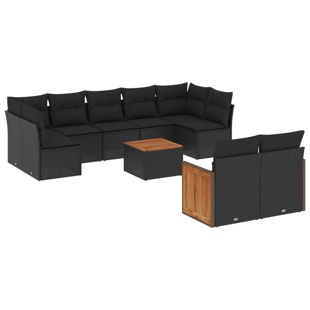 10 Piece Garden Sofa Set with Cushions Black Poly Rattan