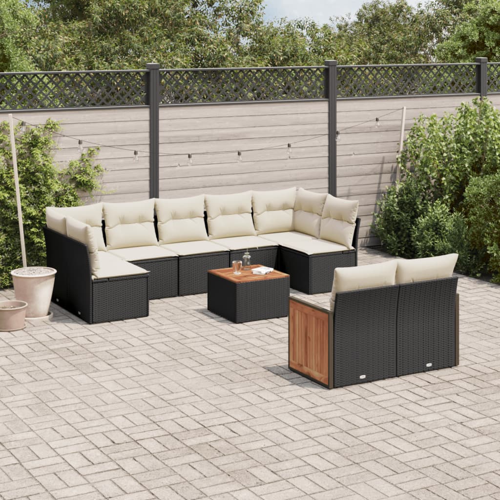 10 Piece Garden Sofa Set with Cushions Black Poly Rattan