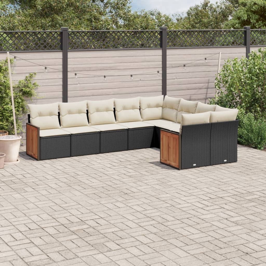 9 Piece Garden Sofa Set with Cushions Black Poly Rattan