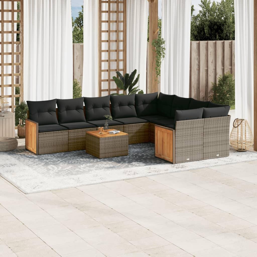 10 Piece Garden Sofa Set with Cushions Grey Poly Rattan