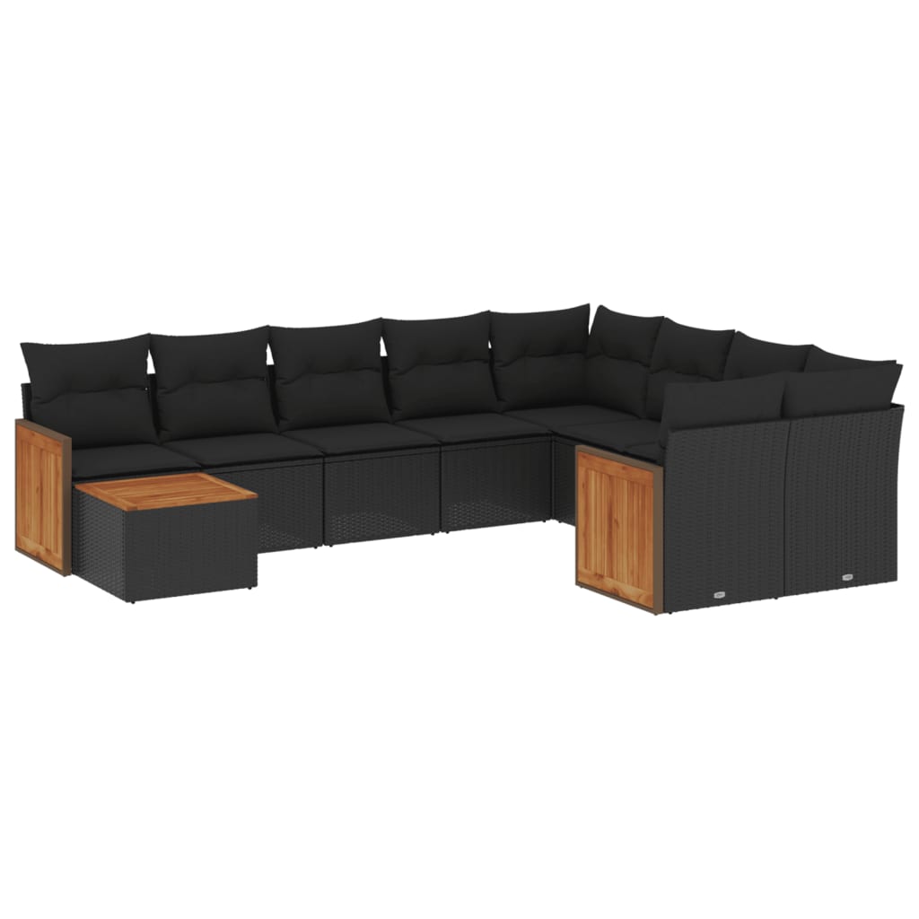 10 Piece Garden Sofa Set with Cushions Black Poly Rattan