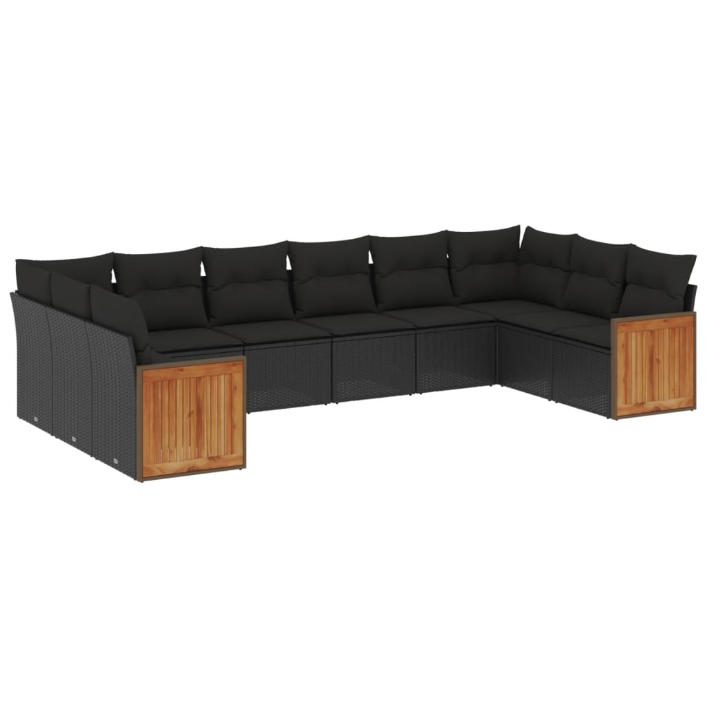 10 Piece Garden Sofa Set with Cushions Black Poly Rattan