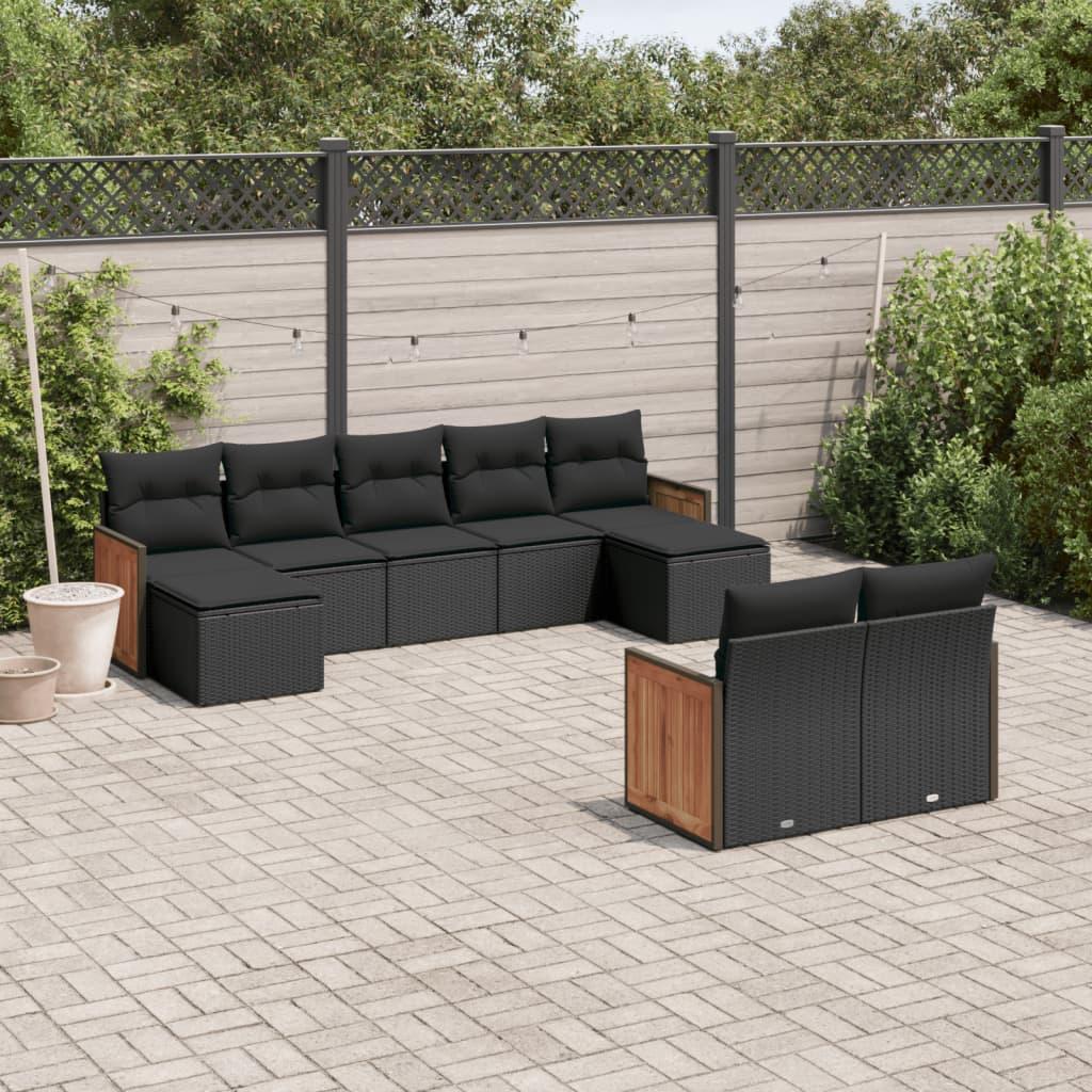 9 Piece Garden Sofa Set with Cushions Black Poly Rattan