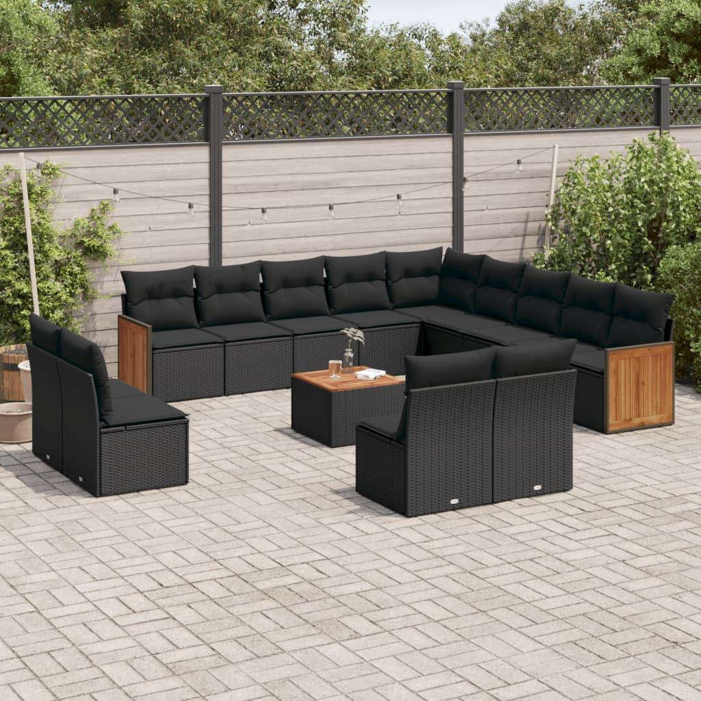 14 Piece Garden Sofa Set with Cushions Black Poly Rattan