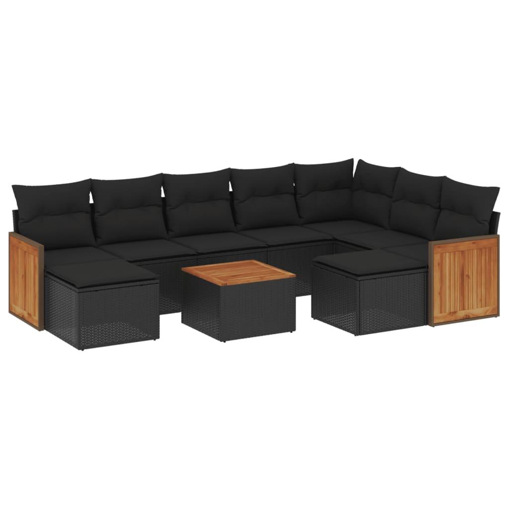 10 Piece Garden Sofa Set with Cushions Black Poly Rattan