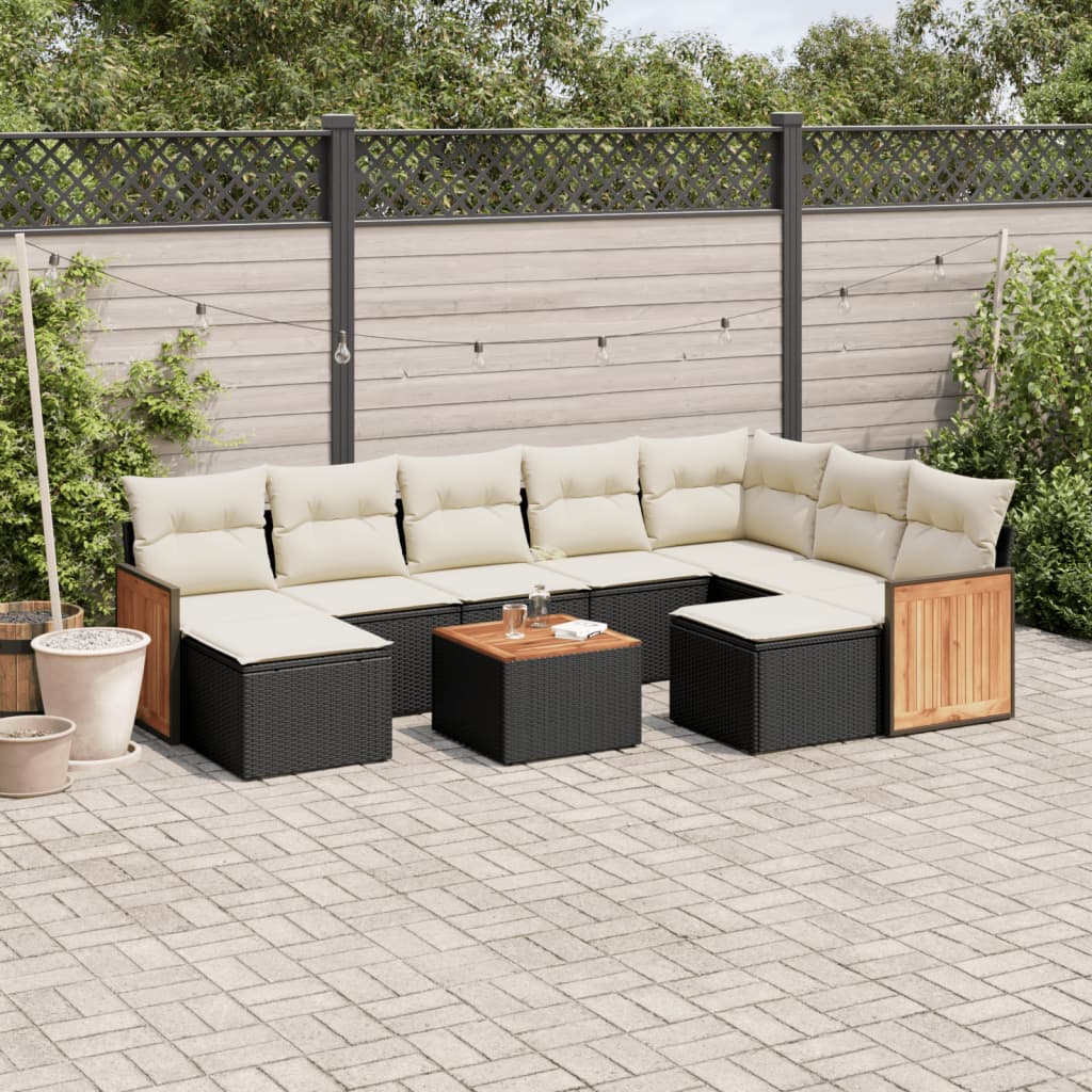 10 Piece Garden Sofa Set with Cushions Black Poly Rattan