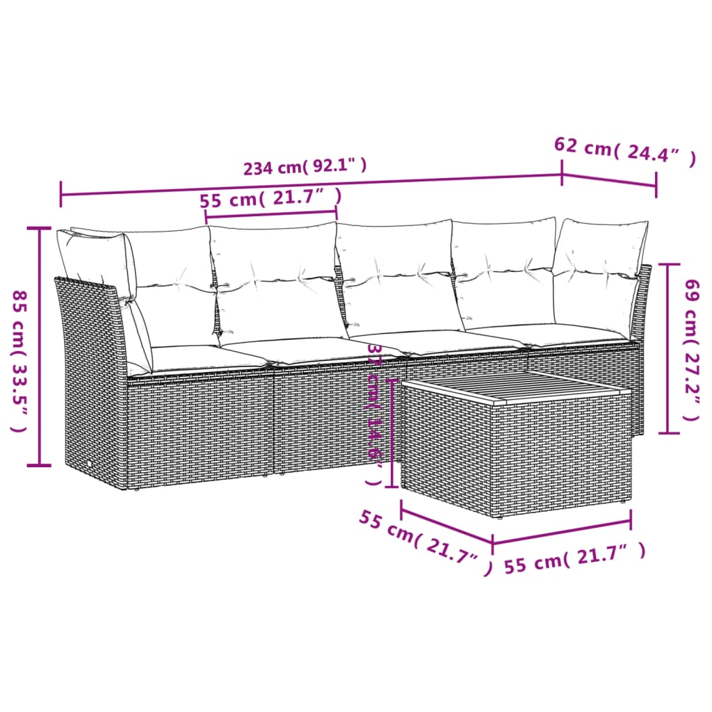 5 Piece Garden Sofa Set with Cushions Black Poly Rattan