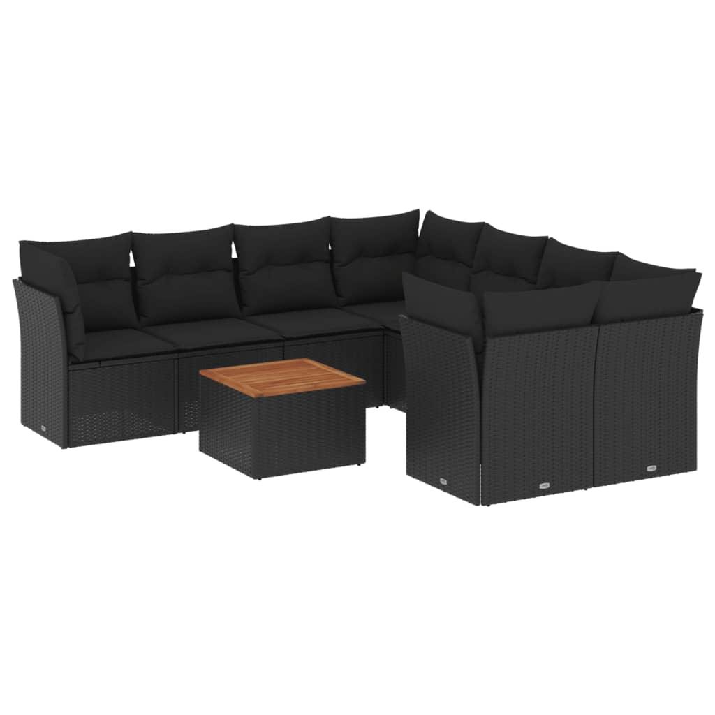 9 Piece Garden Sofa Set with Cushions Black Poly Rattan