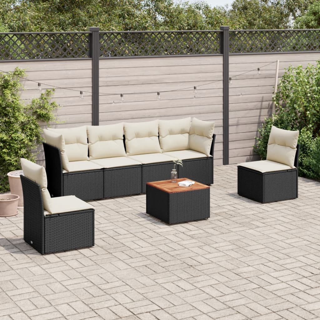 7 Piece Garden Sofa Set with Cushions Black Poly Rattan