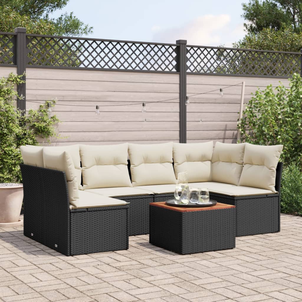 7 Piece Garden Sofa Set with Cushions Black Poly Rattan