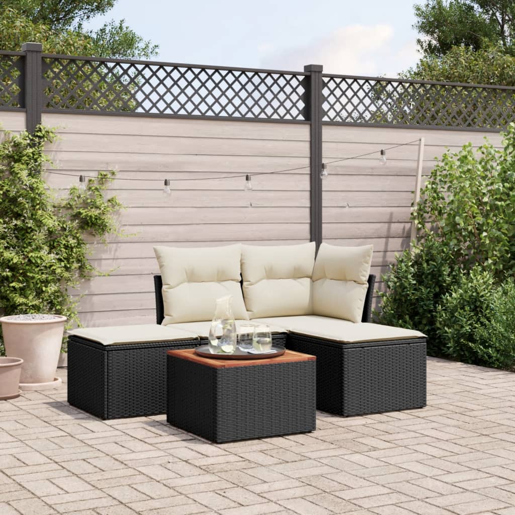 5 Piece Garden Sofa Set with Cushions Black Poly Rattan