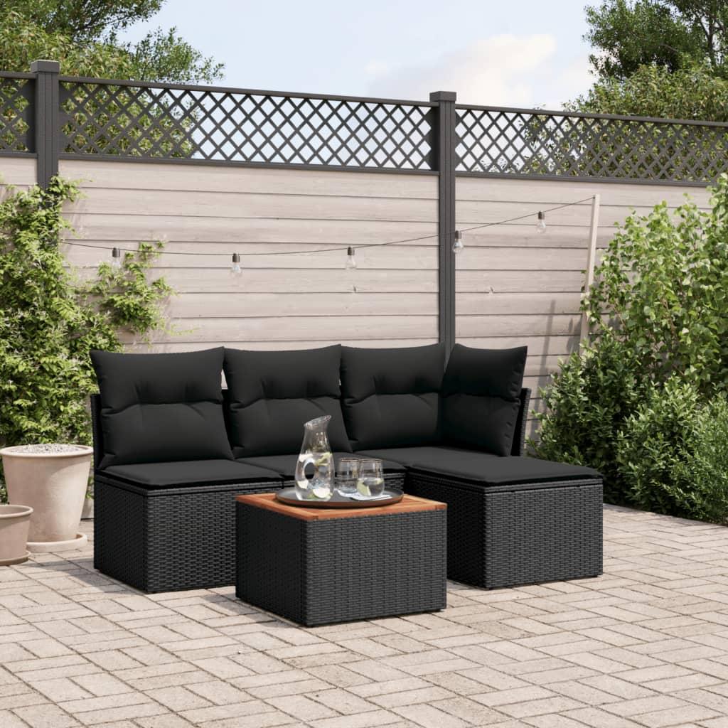 5 Piece Garden Sofa Set with Cushions Black Poly Rattan