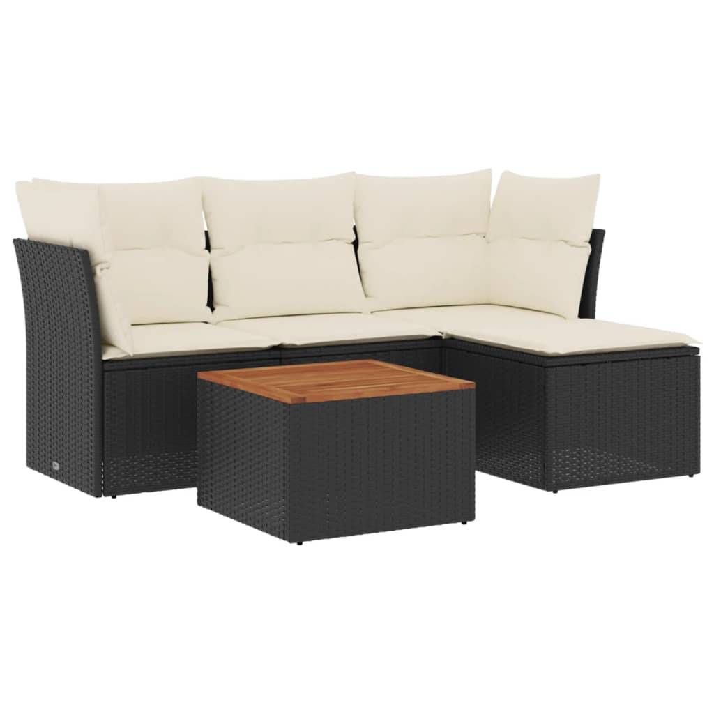 5 Piece Garden Sofa Set with Cushions Black Poly Rattan