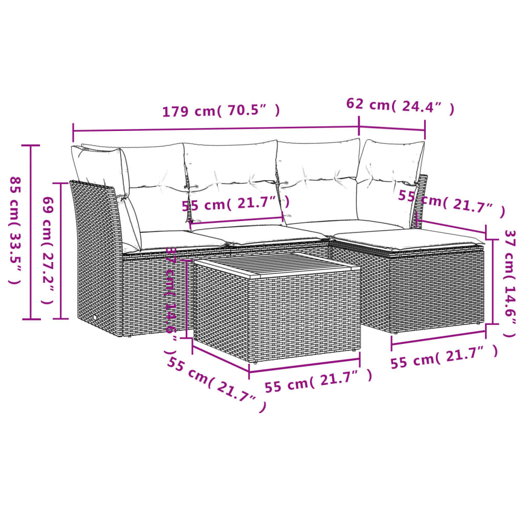 5 Piece Garden Sofa Set with Cushions Black Poly Rattan