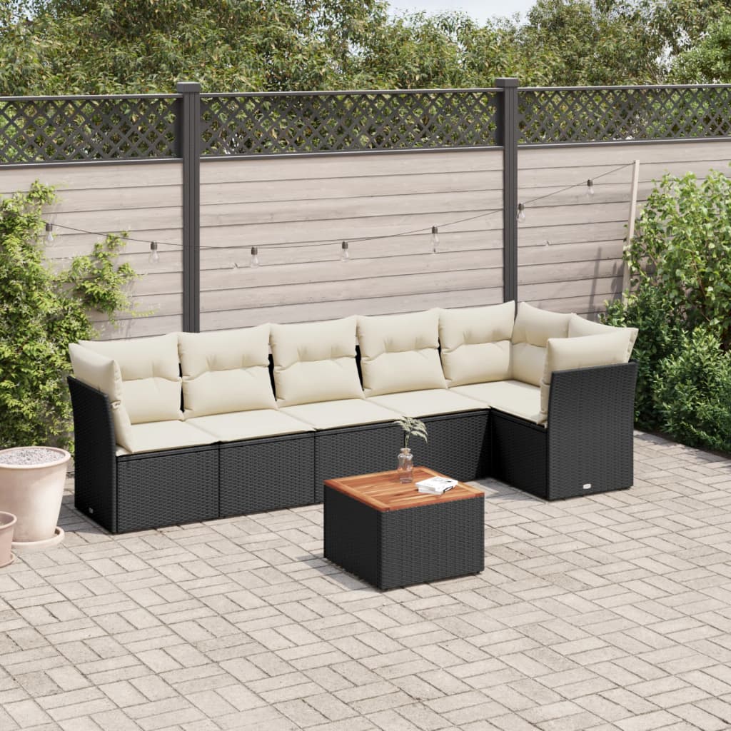 7 Piece Garden Sofa Set with Cushions Black Poly Rattan