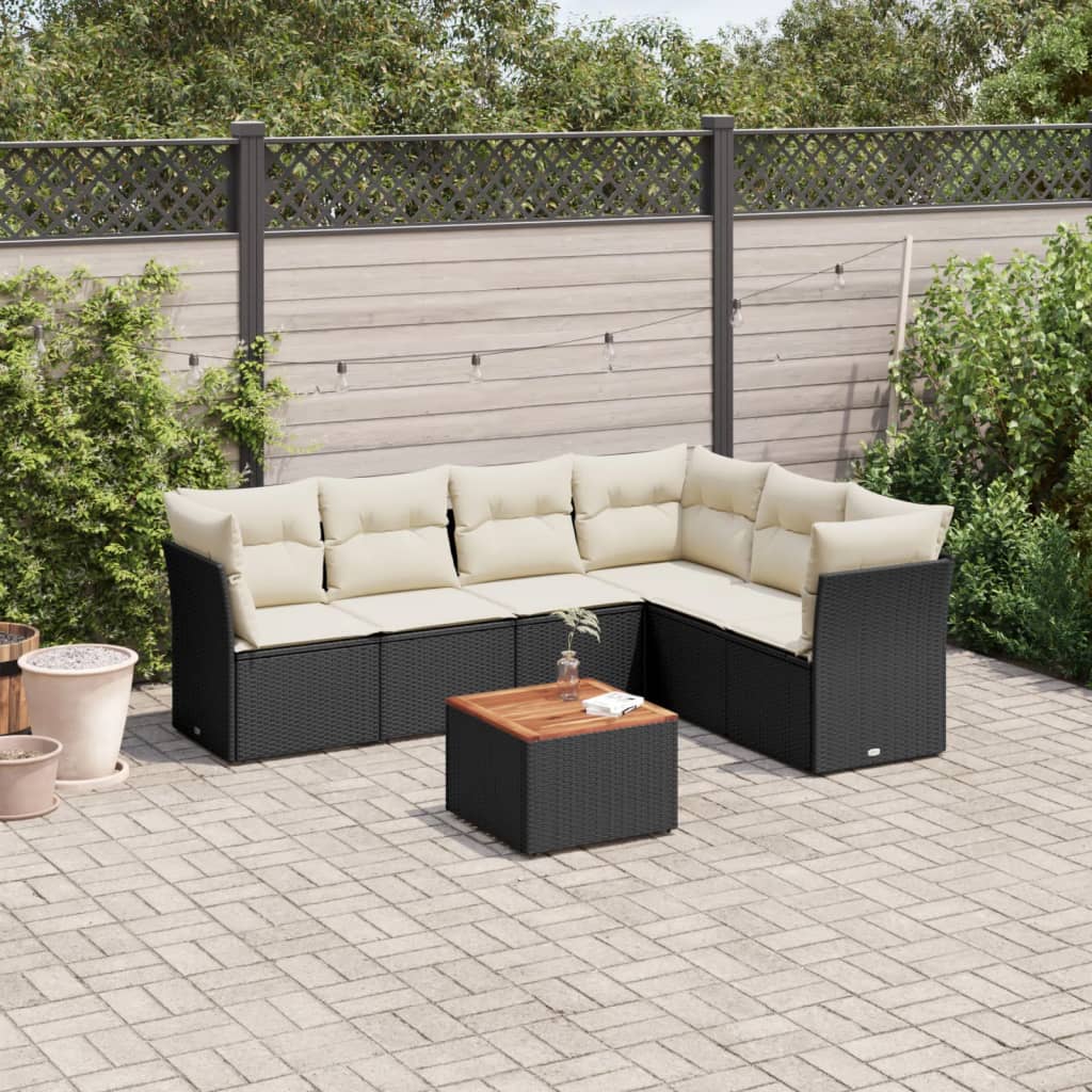 7 Piece Garden Sofa Set with Cushions Black Poly Rattan